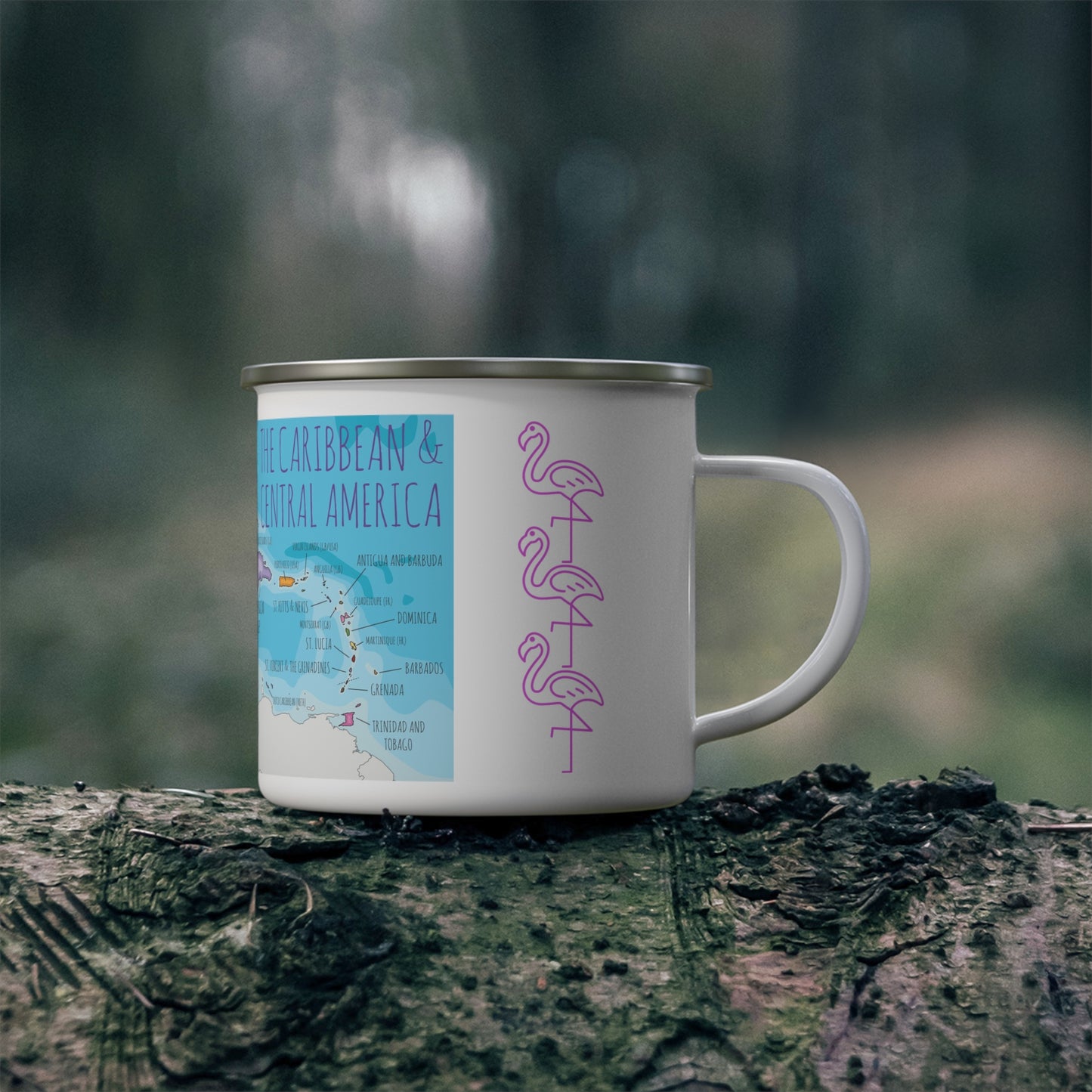 Enamel Camp Mug - Caribbean & Central America Map, Pink Flamingo, Durable 12oz, Gift, Keepsake, Souvenir, Adventure, Travel, Tourist, Cruise, Tropical