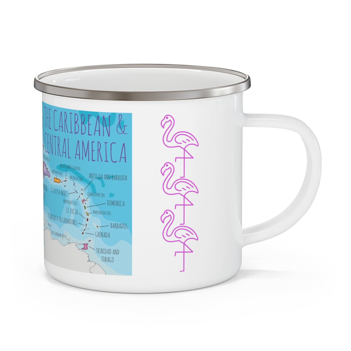 Enamel Camp Mug - Caribbean & Central America Map, Pink Flamingo, Durable 12oz, Gift, Keepsake, Souvenir, Adventure, Travel, Tourist, Cruise, Tropical