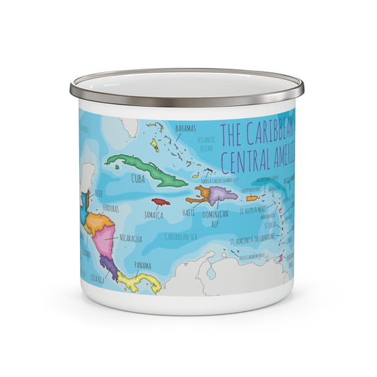 Enamel Camp Mug - Caribbean & Central America Map, Pink Flamingo, Durable 12oz, Gift, Keepsake, Souvenir, Adventure, Travel, Tourist, Cruise, Tropical
