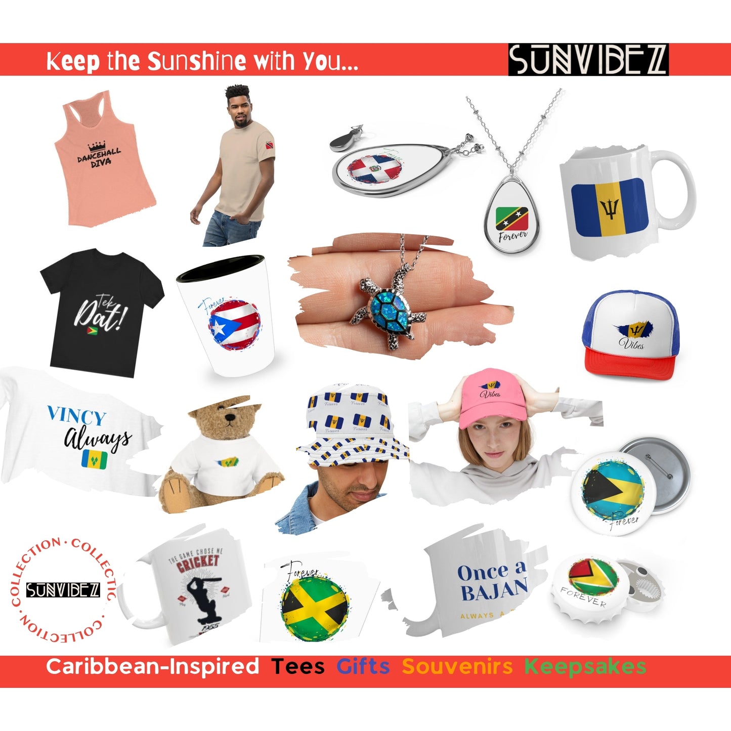 sunvibez shop creates and customizes dozens of products including caps, mugs, tshirts, pins, necklaces, stuffed animals, shotglasses, racerback tees, and more. you can also find stickers, digital downloads and posters available.