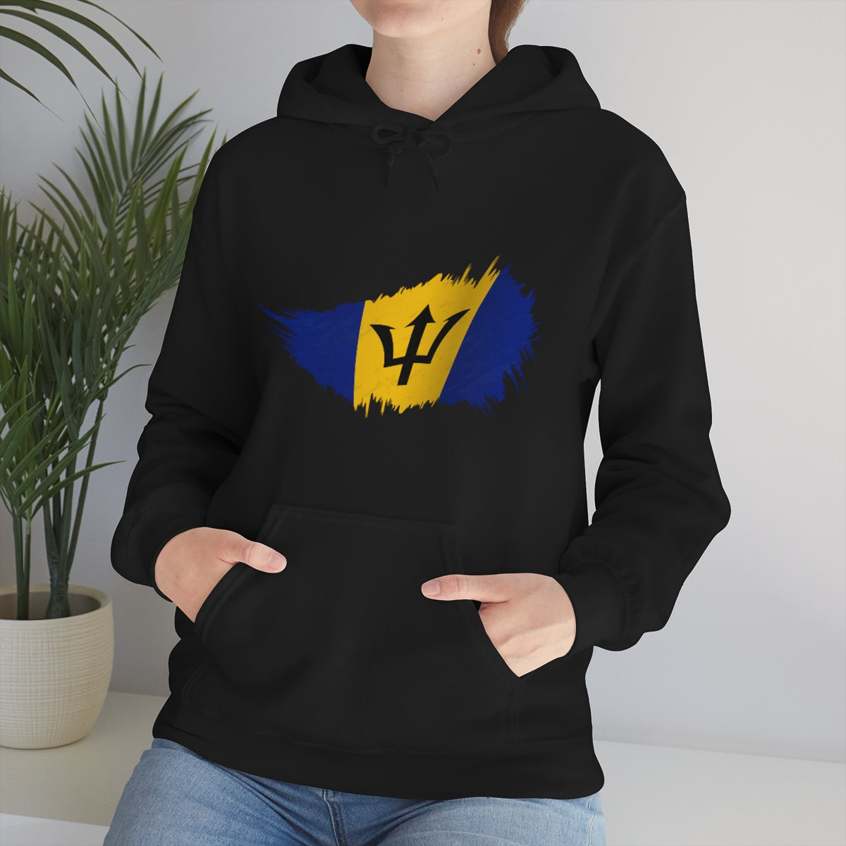 Black pullover hoodie with splash of barbados flag