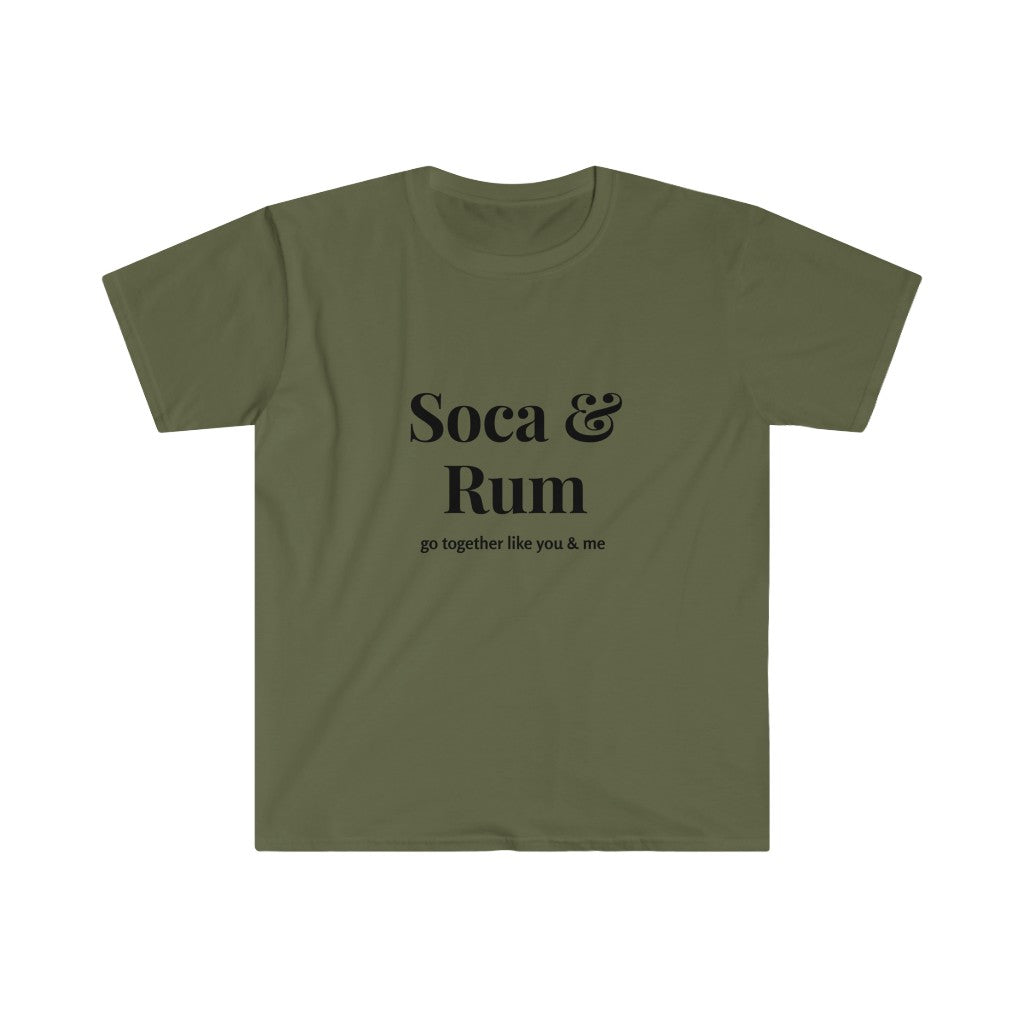 soca and rum, go together like you and me, fun caribbean t-shirt, wet indian unisex t-shirt for soca concert, fete, lime, bbq, event, sunvibez shop t-shirt, unisex apparel