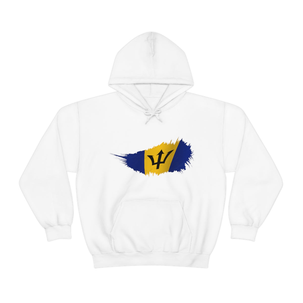 White pullover hoodie with splash of barbados flag