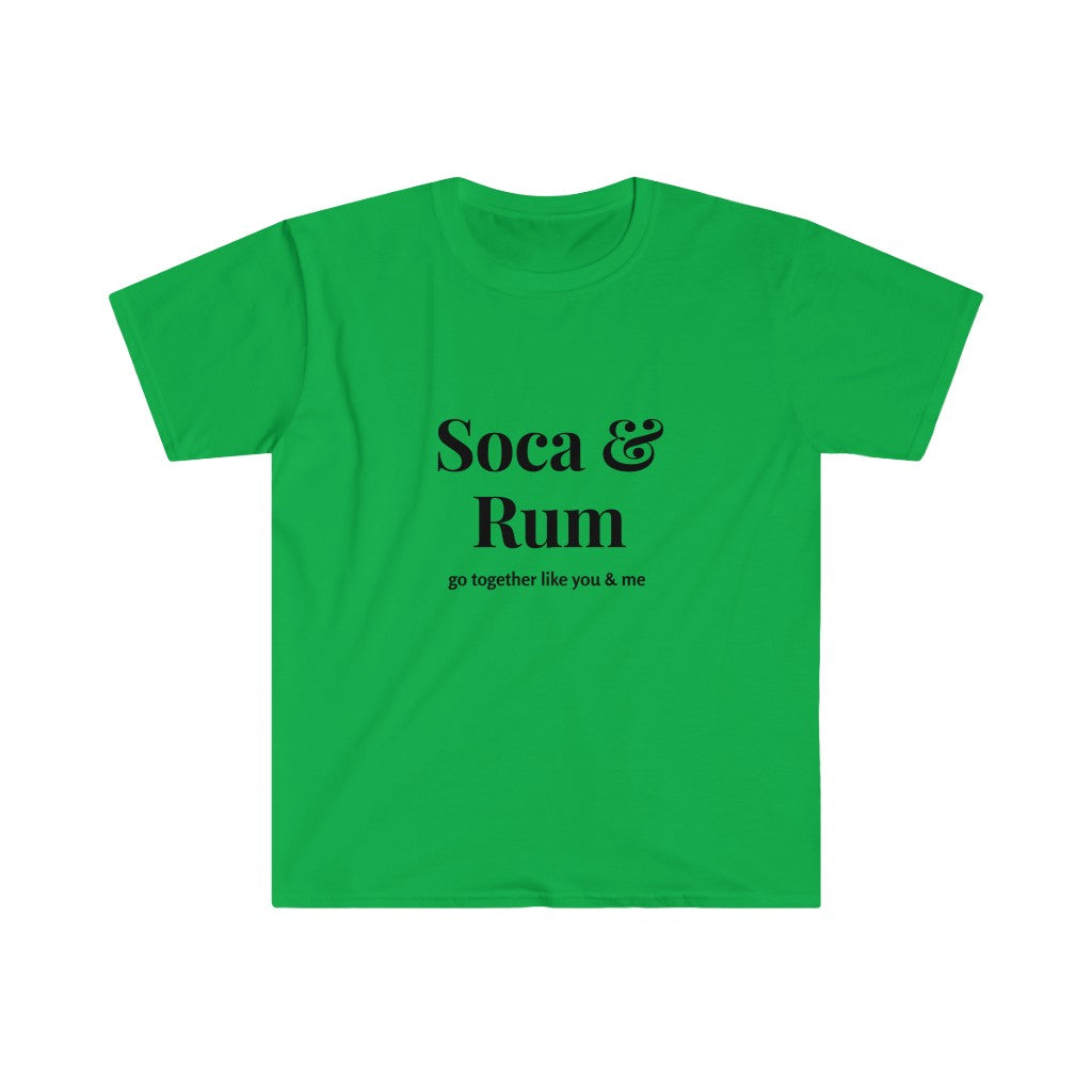 soca and rum, go together like you and me, fun caribbean t-shirt, wet indian unisex t-shirt for soca concert, fete, lime, bbq, event, sunvibez shop t-shirt, unisex apparel