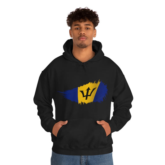 Black pullover hoodie with splash of barbados flag