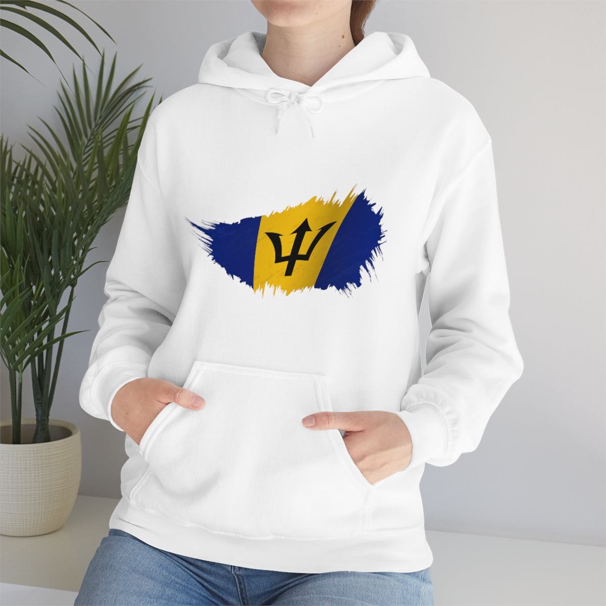 White pullover hoodie with splash of barbados flag