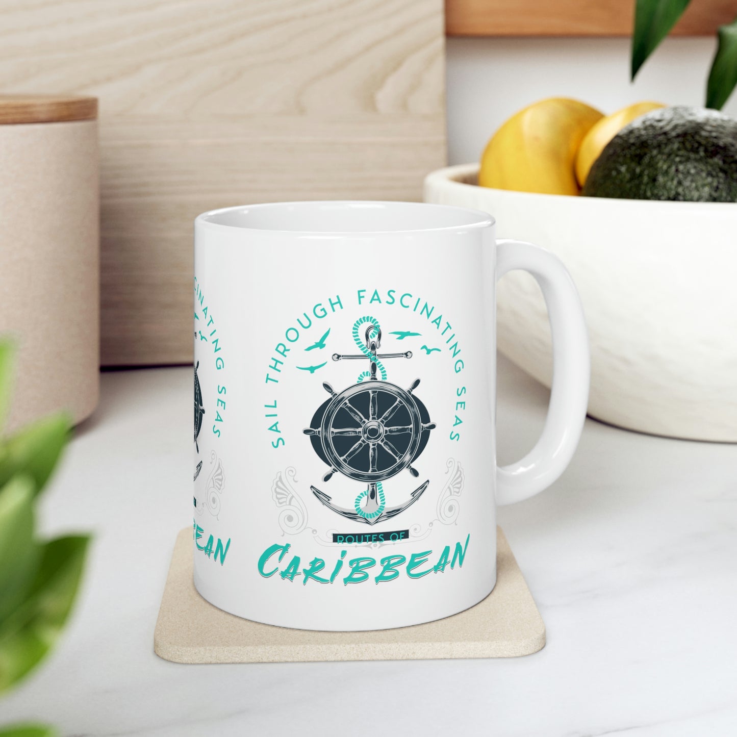 ROUTES of the CARIBBEAN Coffee Mug 11oz, Nautical design for home or office