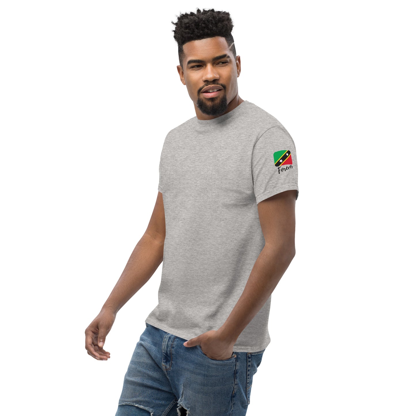 SAINT KITTS & NEVIS Forever - Unisex Classic Tee, Mini Flag on both Sleeves, St. Kitts & Nevis, Caribbean, West Indian, Sports, Cricket, Soccer, Football, Country Flag