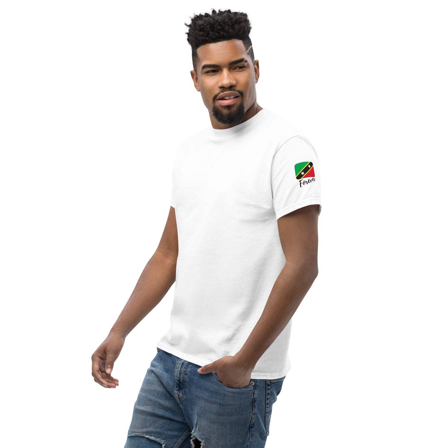 SAINT KITTS & NEVIS Forever - Unisex Classic Tee, Mini Flag on both Sleeves, St. Kitts & Nevis, Caribbean, West Indian, Sports, Cricket, Soccer, Football, Country Flag