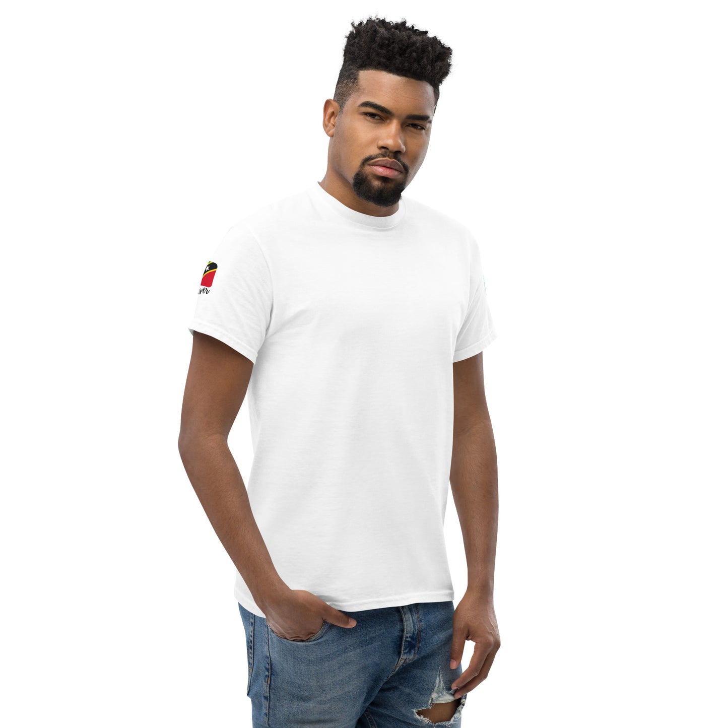 SAINT KITTS & NEVIS Forever - Unisex Classic Tee, Mini Flag on both Sleeves, St. Kitts & Nevis, Caribbean, West Indian, Sports, Cricket, Soccer, Football, Country Flag