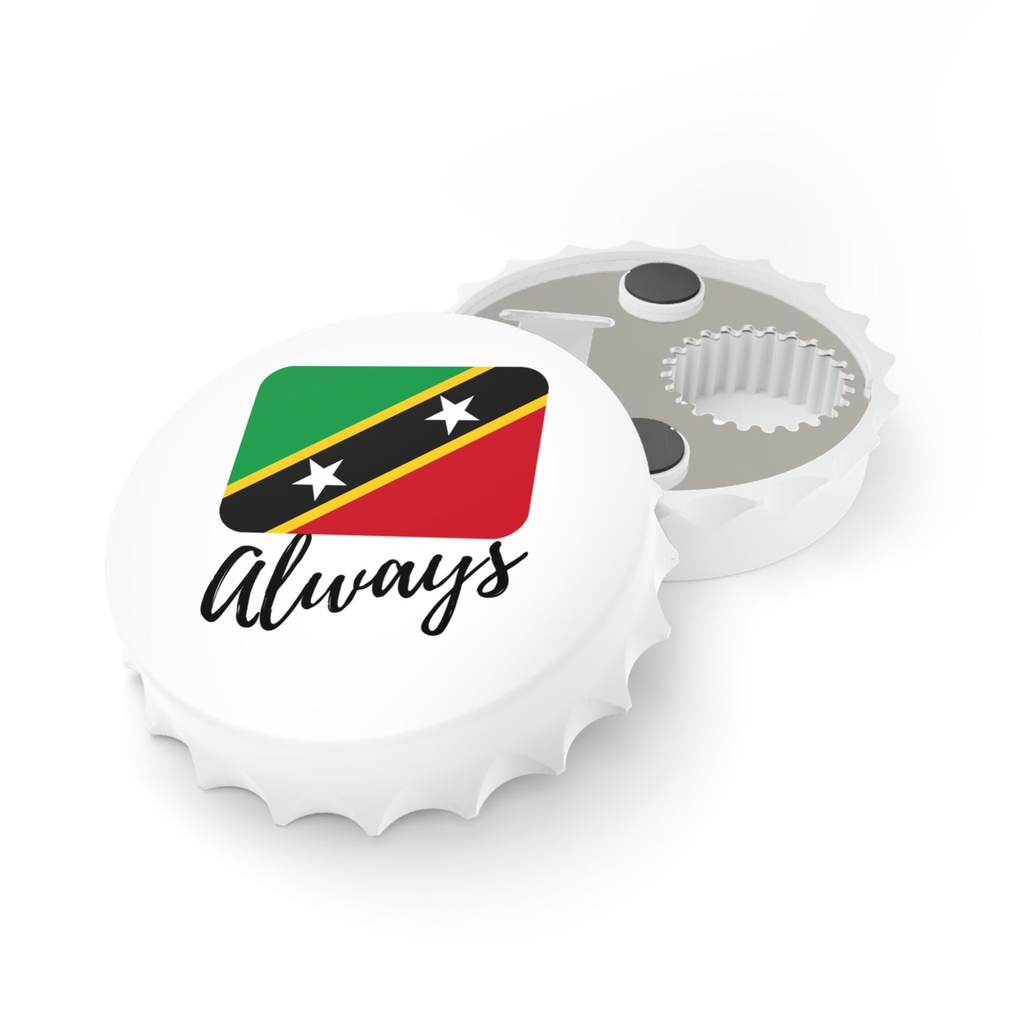 ST. KITTS  | 2-in-1 Bottle Opener with Magnetic Back | Country Flag | Souvenir or Everyday Use |  White | One Size