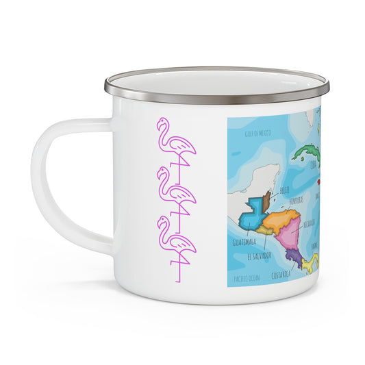 Enamel Camp Mug - Caribbean & Central America Map, Pink Flamingo, Durable 12oz, Gift, Keepsake, Souvenir, Adventure, Travel, Tourist, Cruise, Tropical