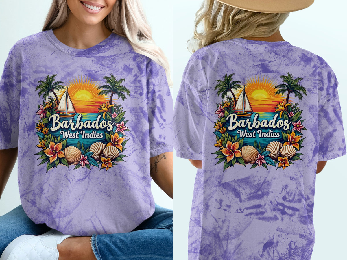 Purple tie-dye t-shirt with a Barbados West Indies tropical sunset graphic.