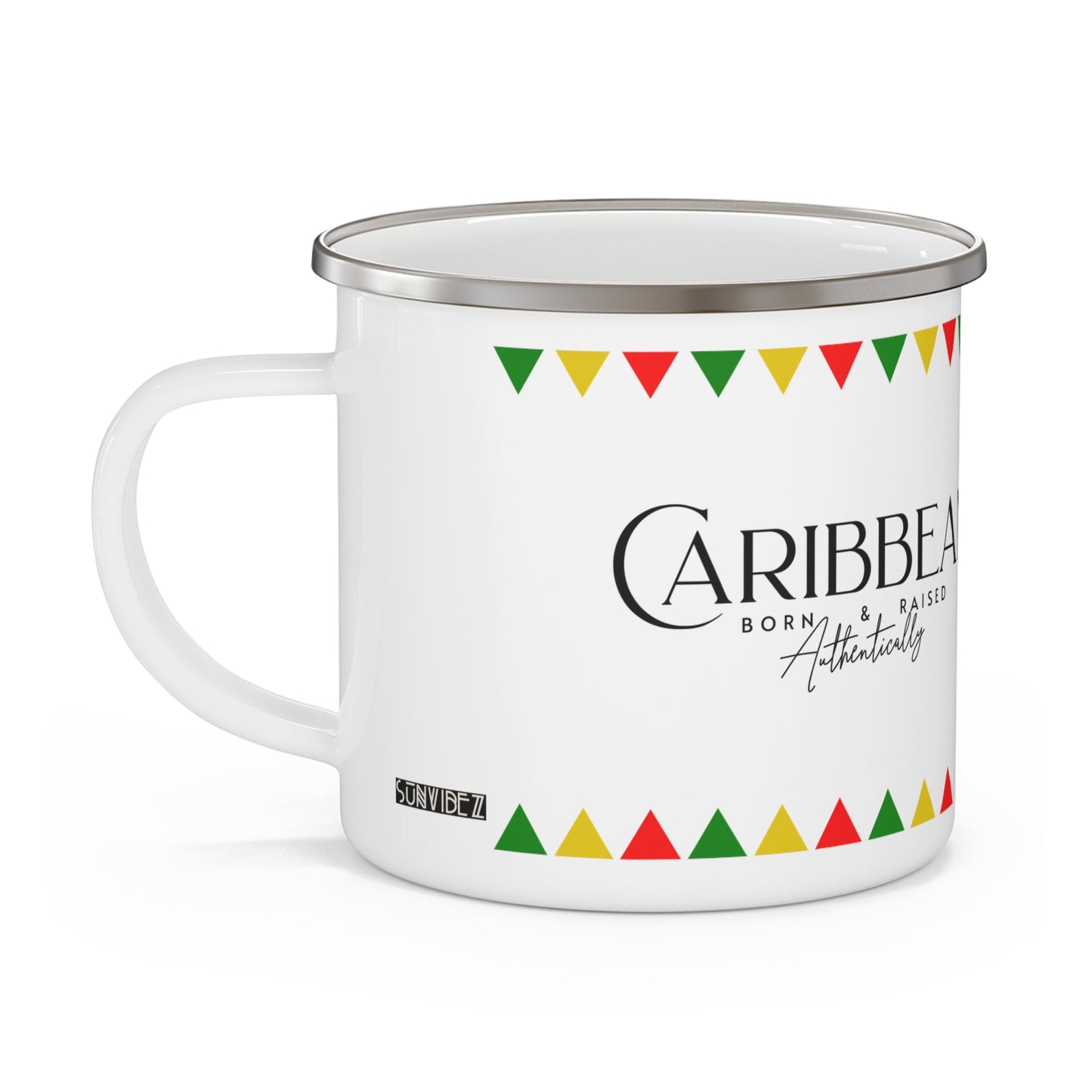 Caribbean Raised, Pennant Banner Design, Enamel Camp Mug, Durable, 12oz