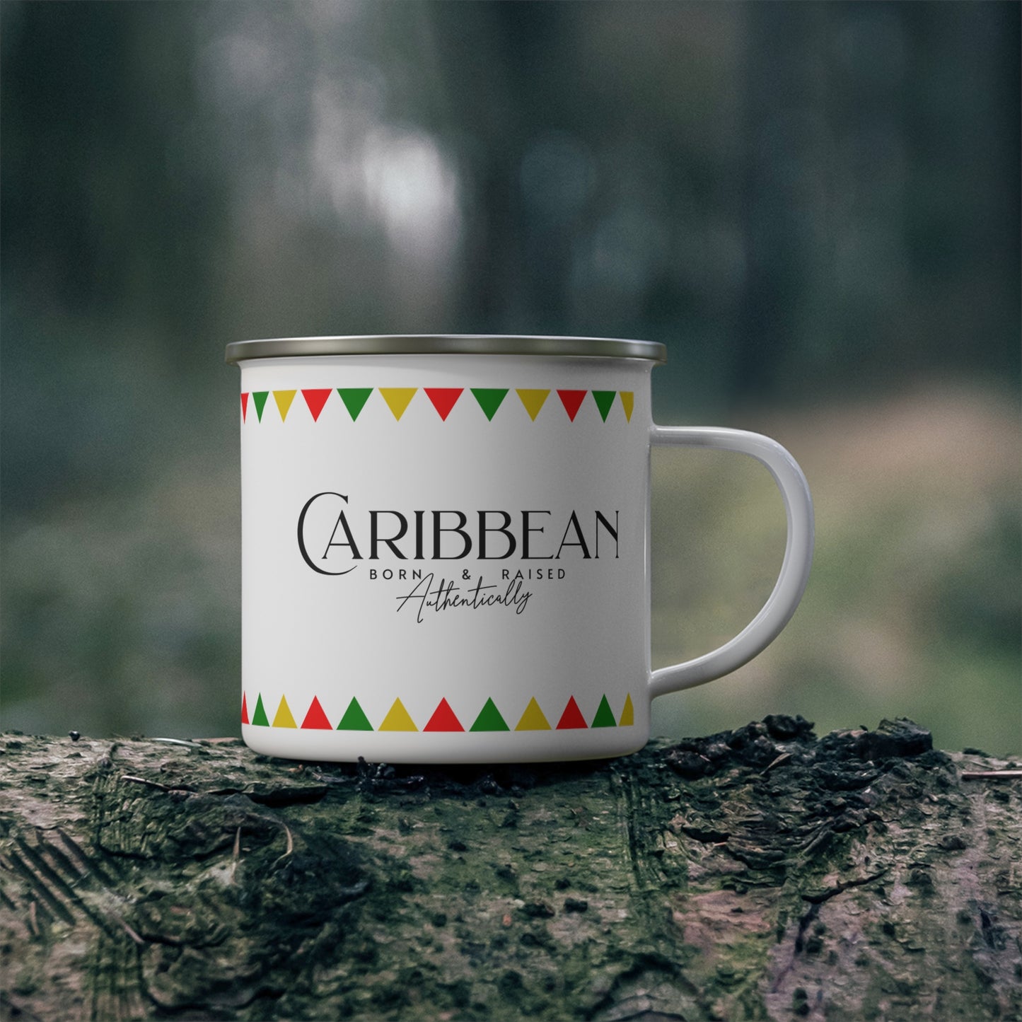 Caribbean Raised, Pennant Banner Design, Enamel Camp Mug, Durable, 12oz