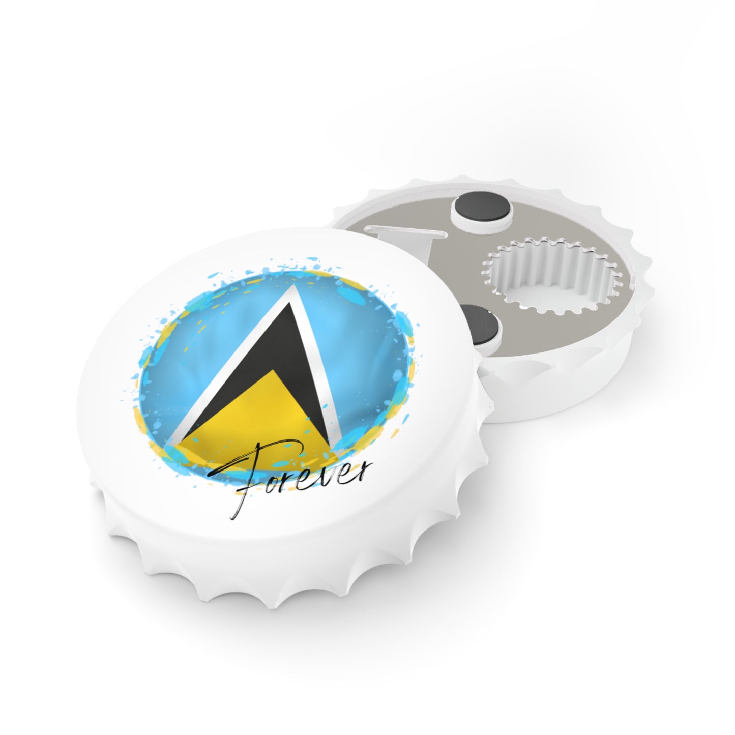 SAINT LUCIA  | 2-in-1 Bottle Opener with Magnetic Back | Country Flag | Souvenir or Everyday Use |  White | One