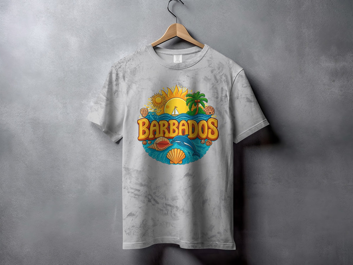 Grey marble-patterned t-shirt with a circular Barbados graphic featuring a sun, palm tree, and ocean scene.
