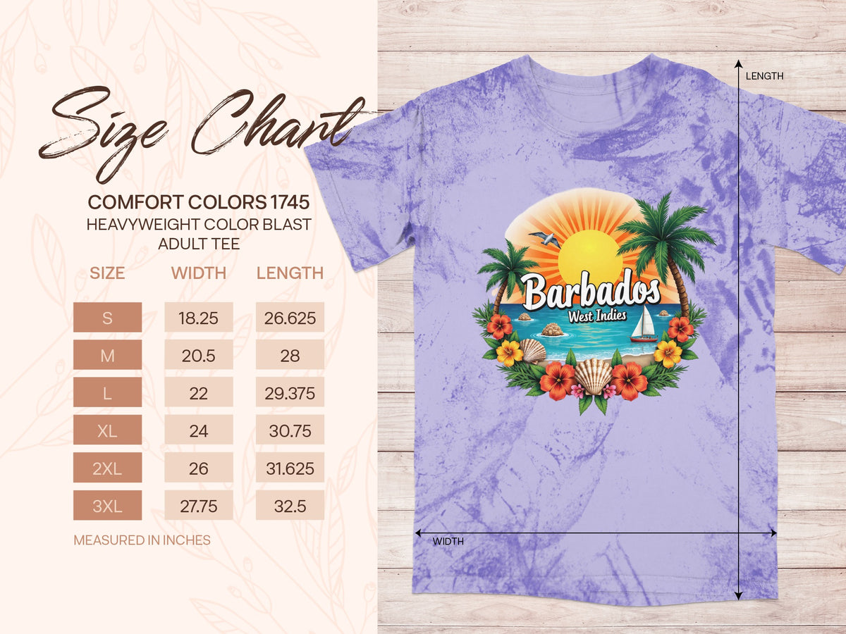 Comfort Colors 1745 size chart for adult tee with Barbados graphic.