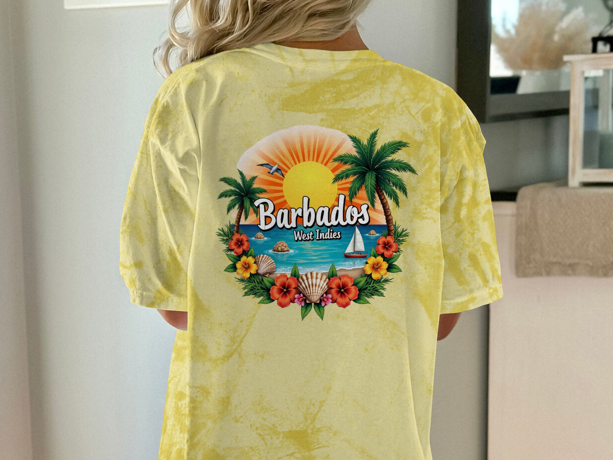 Yellow tie-dye t-shirt with Barbados West Indies beach scene graphic.