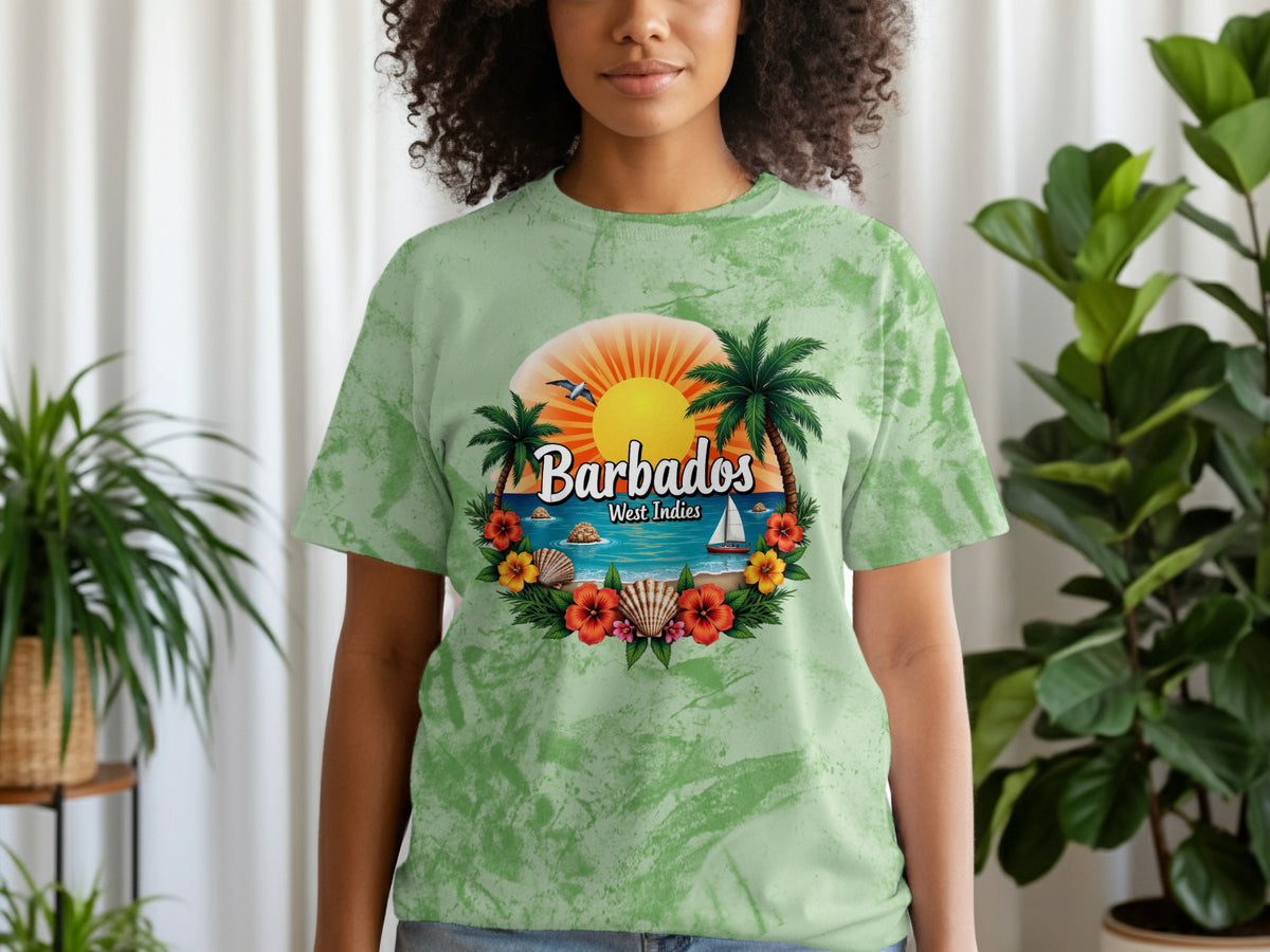 Green tie-dye t-shirt with Barbados West Indies beach sunset graphic.