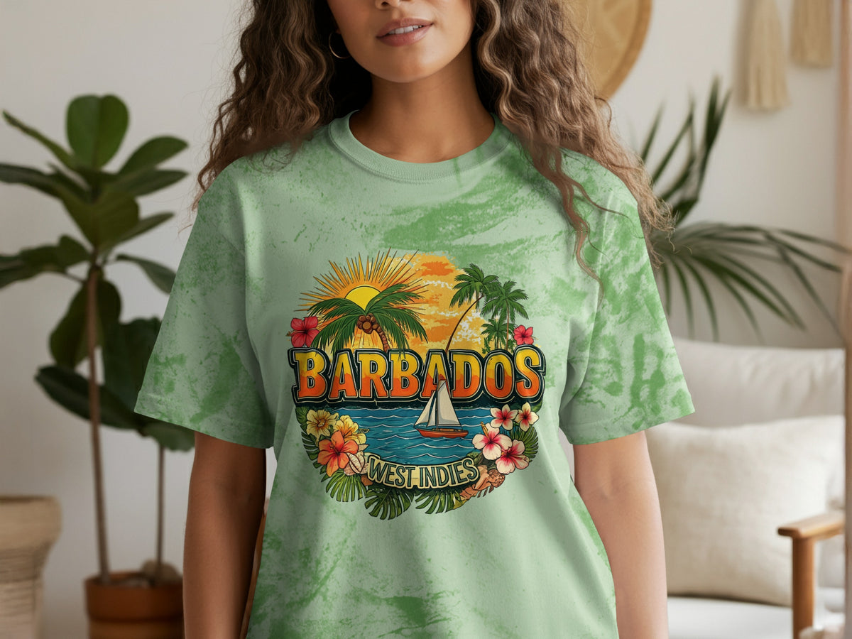 Green tie-dye t-shirt with a circular Barbados West Indies graphic and sailboat.