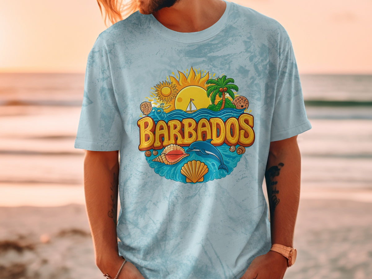 Light blue tie-dye t-shirt with "Barbados" tropical beach scene graphic.