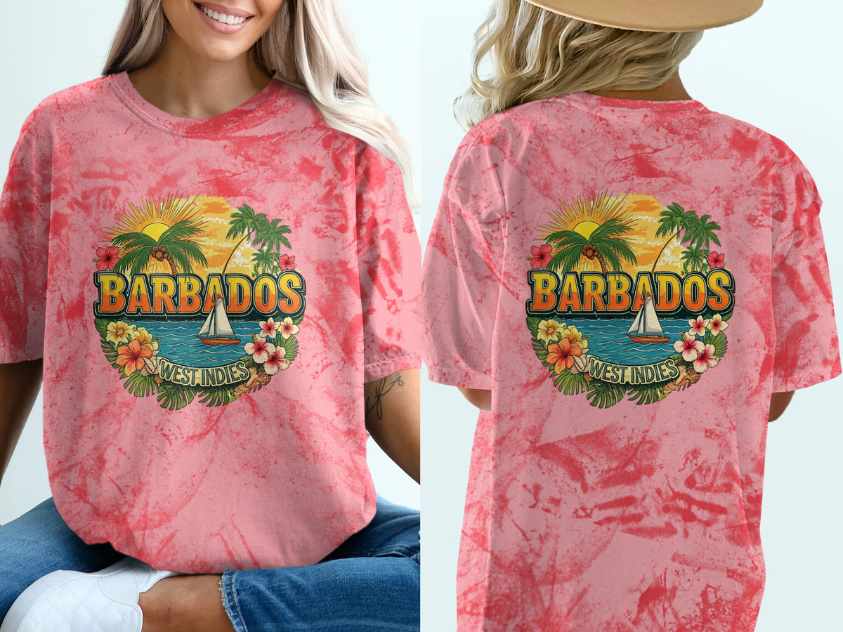 Pink tie-dye t-shirt with Barbados West Indies graphic on back.