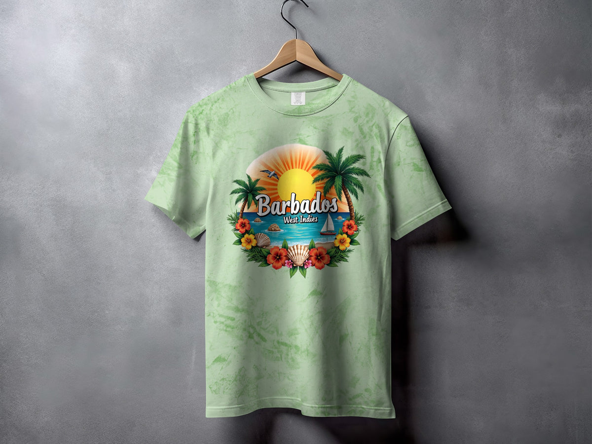 Light green t-shirt with tropical Barbados West Indies graphic.