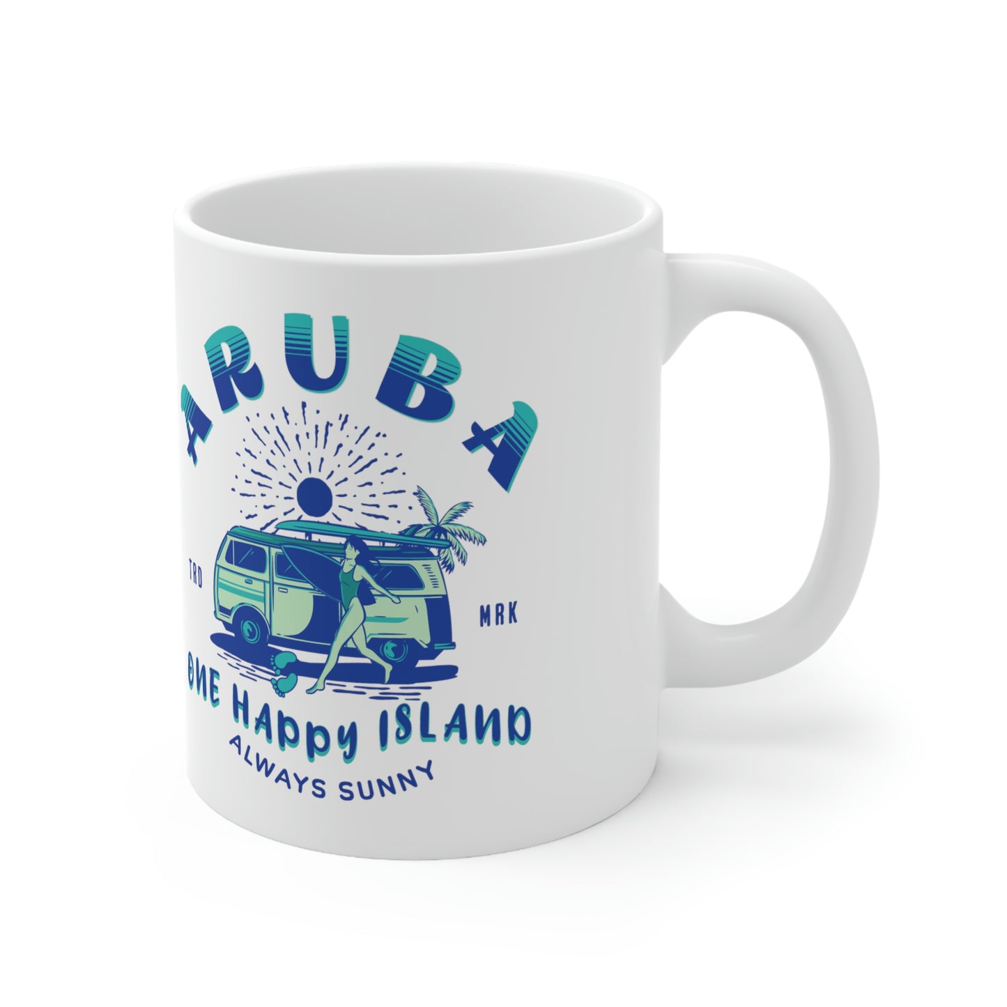 ARUBA printed mug in blue and teal shades, minibus and banana tree background with girl in swimsuit with surfboard. sun in background.  The happy island always sunny printed in blue at the bottom of the graphic