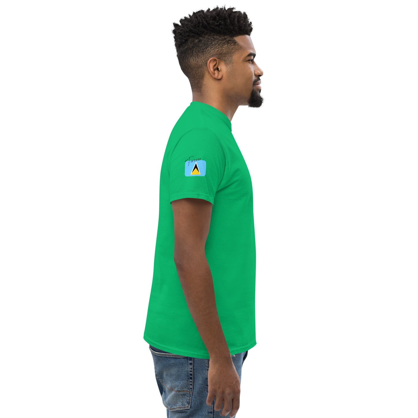 ST.LUCIA Forever - Unisex Classic Tee, Mini Flag on both Sleeves, Saint Lucian, Caribbean, West Indian, Sports, Cricket, Soccer, Football, Country Flag