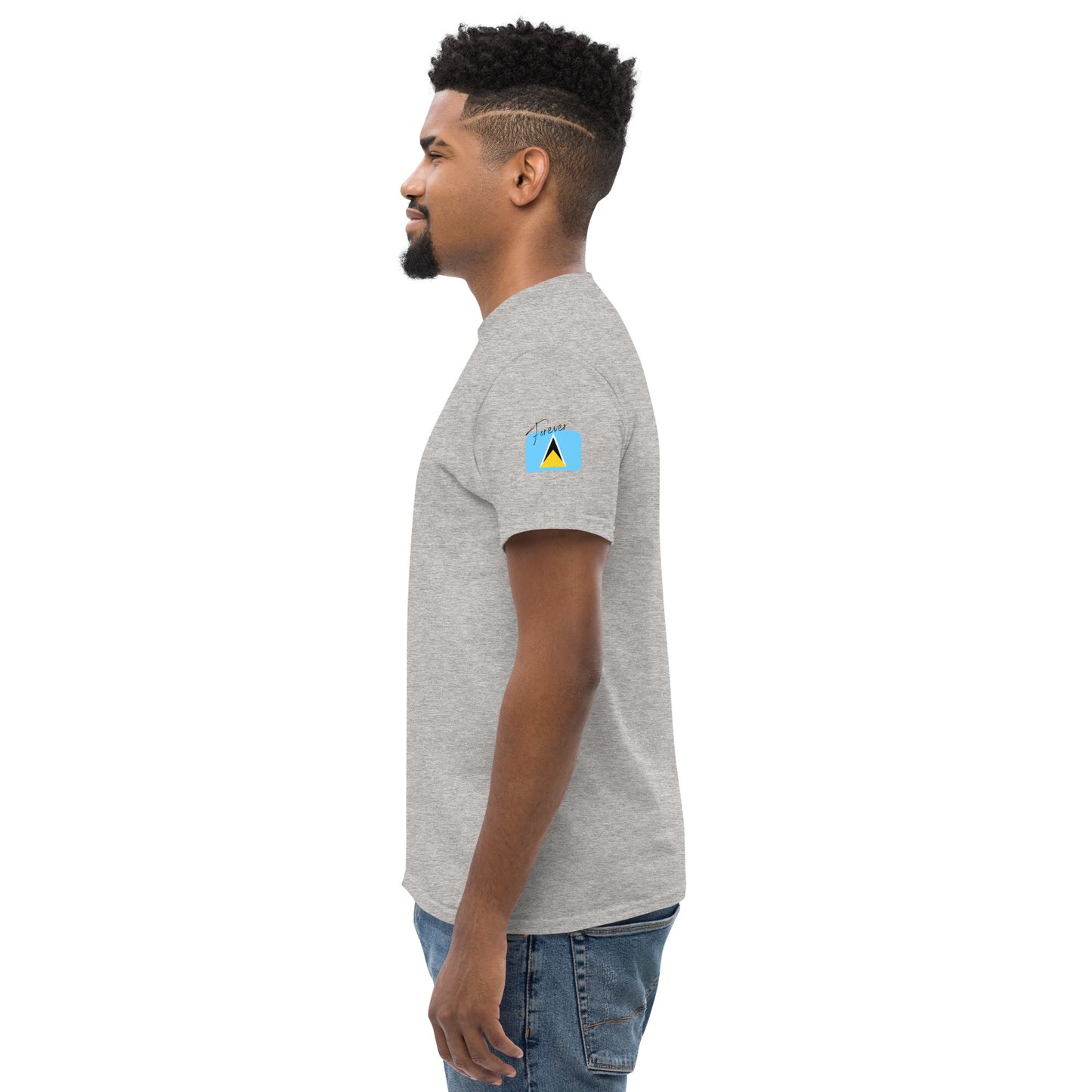 ST.LUCIA Forever - Unisex Classic Tee, Mini Flag on both Sleeves, Saint Lucian, Caribbean, West Indian, Sports, Cricket, Soccer, Football, Country Flag